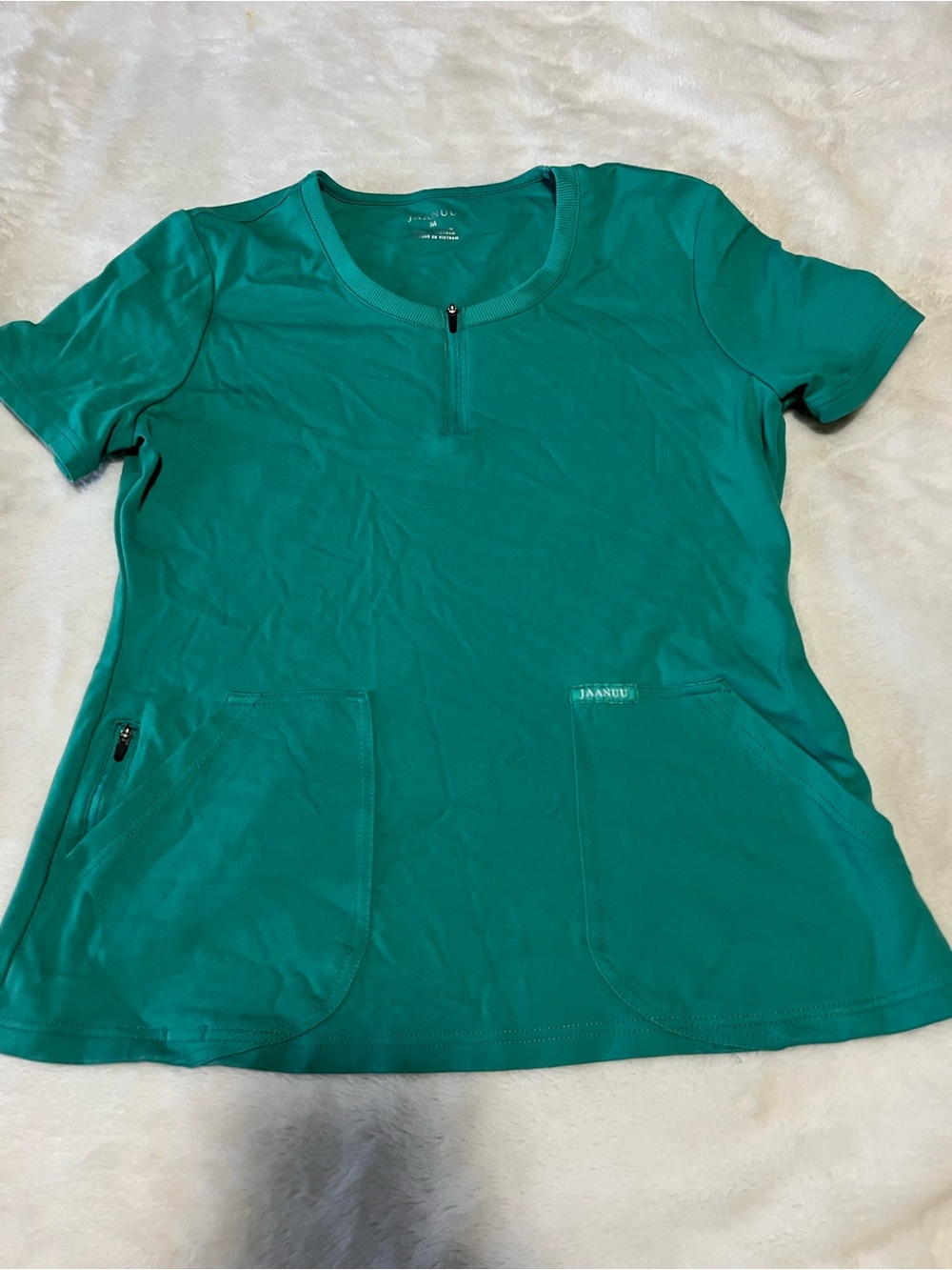 Jaanuu Women's Teal Zip Pocket Scrub Top Medium